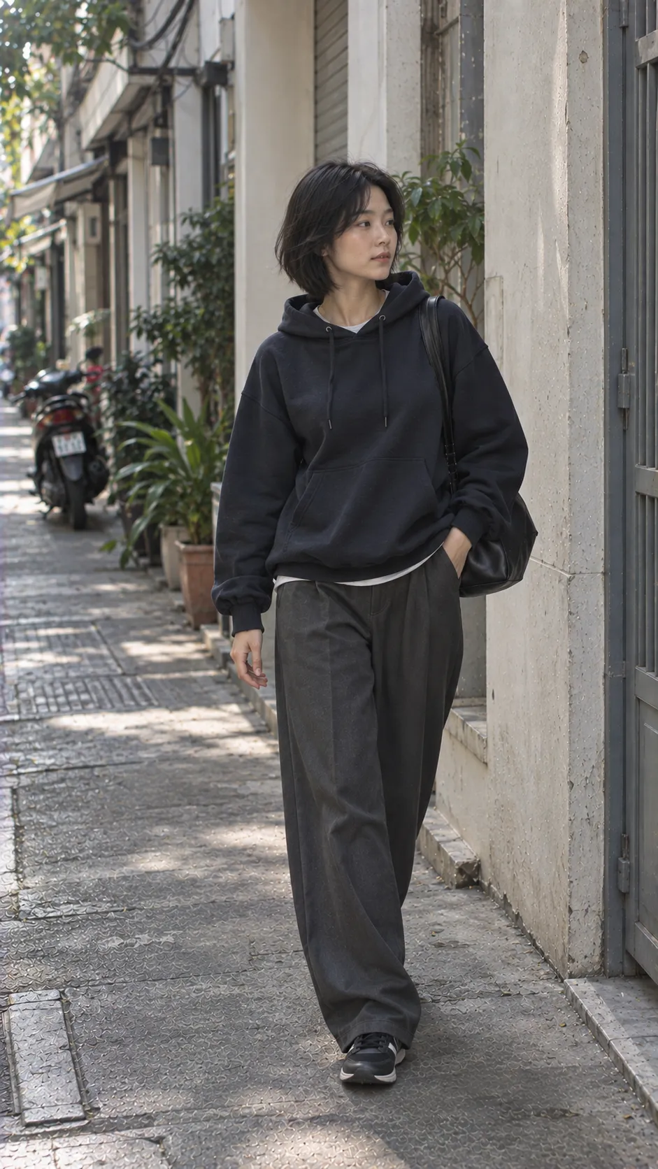 Normcore nữ với hoodie basic quần suông và sneaker tối màu