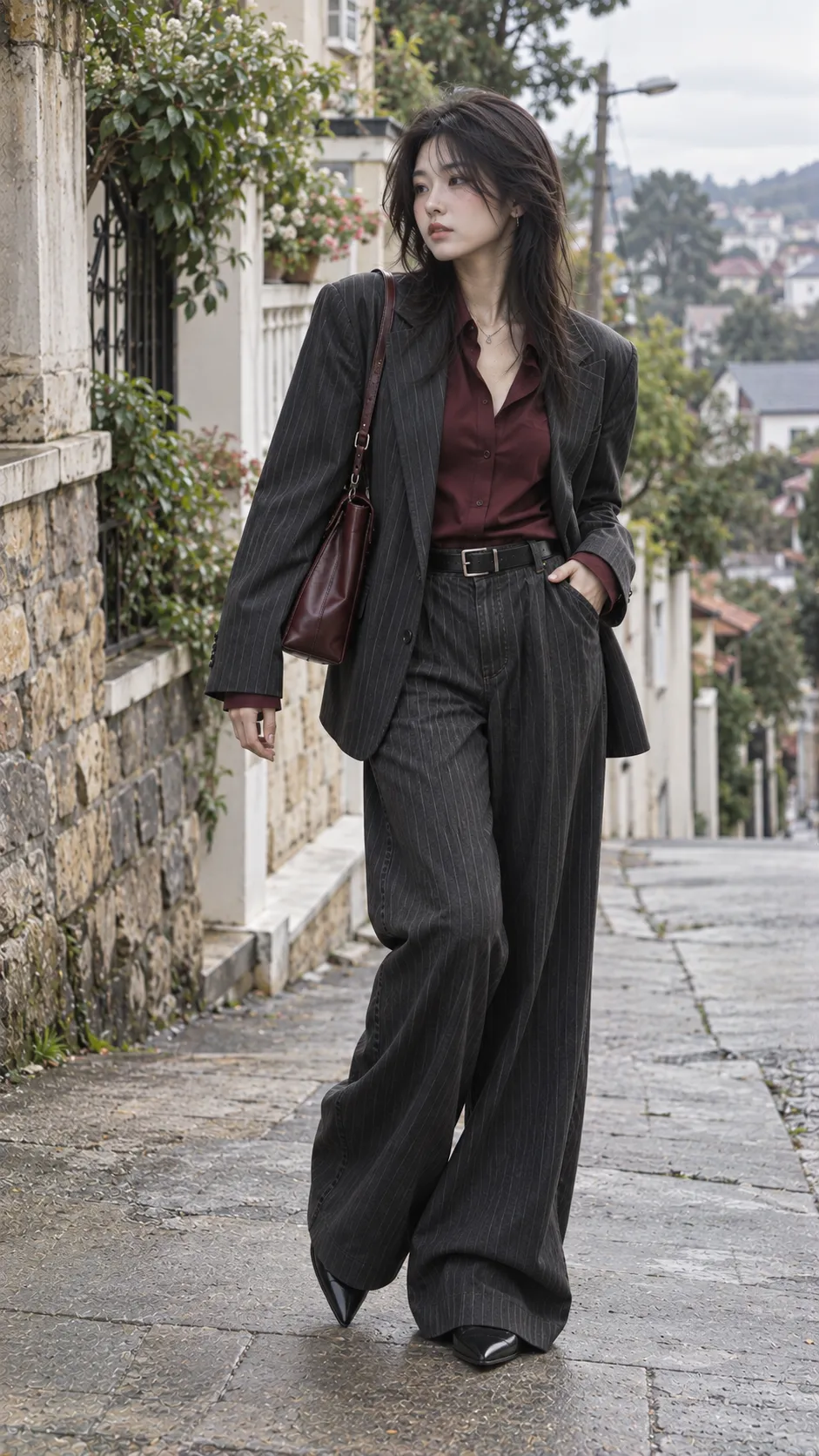Office Siren với blazer, burgundy, charcoal, xám theo Công thức 4: Pinstripe blazer + quần cùng tông + một điểm burgundy
