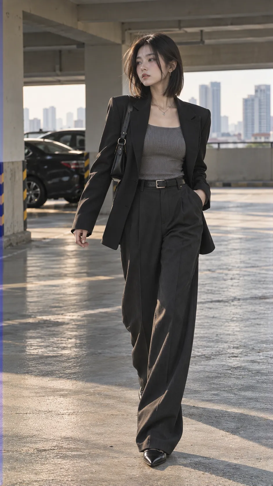 Office Siren với blazer theo Công thức 1: Blazer + fitted knit + quần tailoring