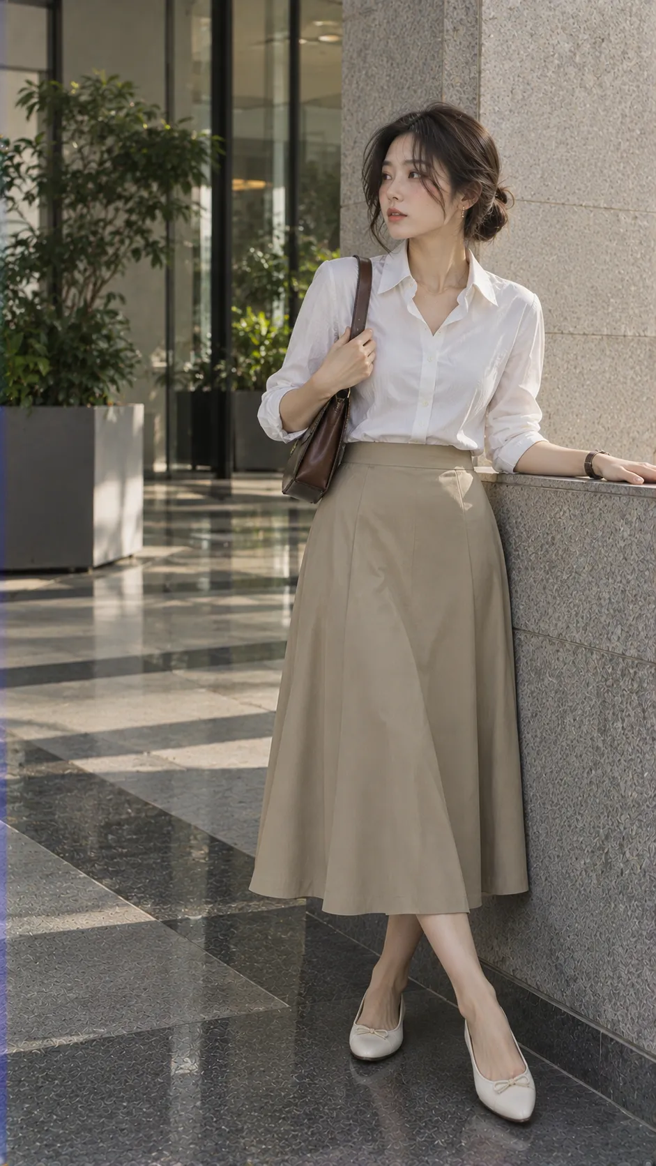 Old Money Style trong Sơ mi trắng/xanh nhạt + chân váy A-line midi + ballet flats với loafer, sơ mi, trắng