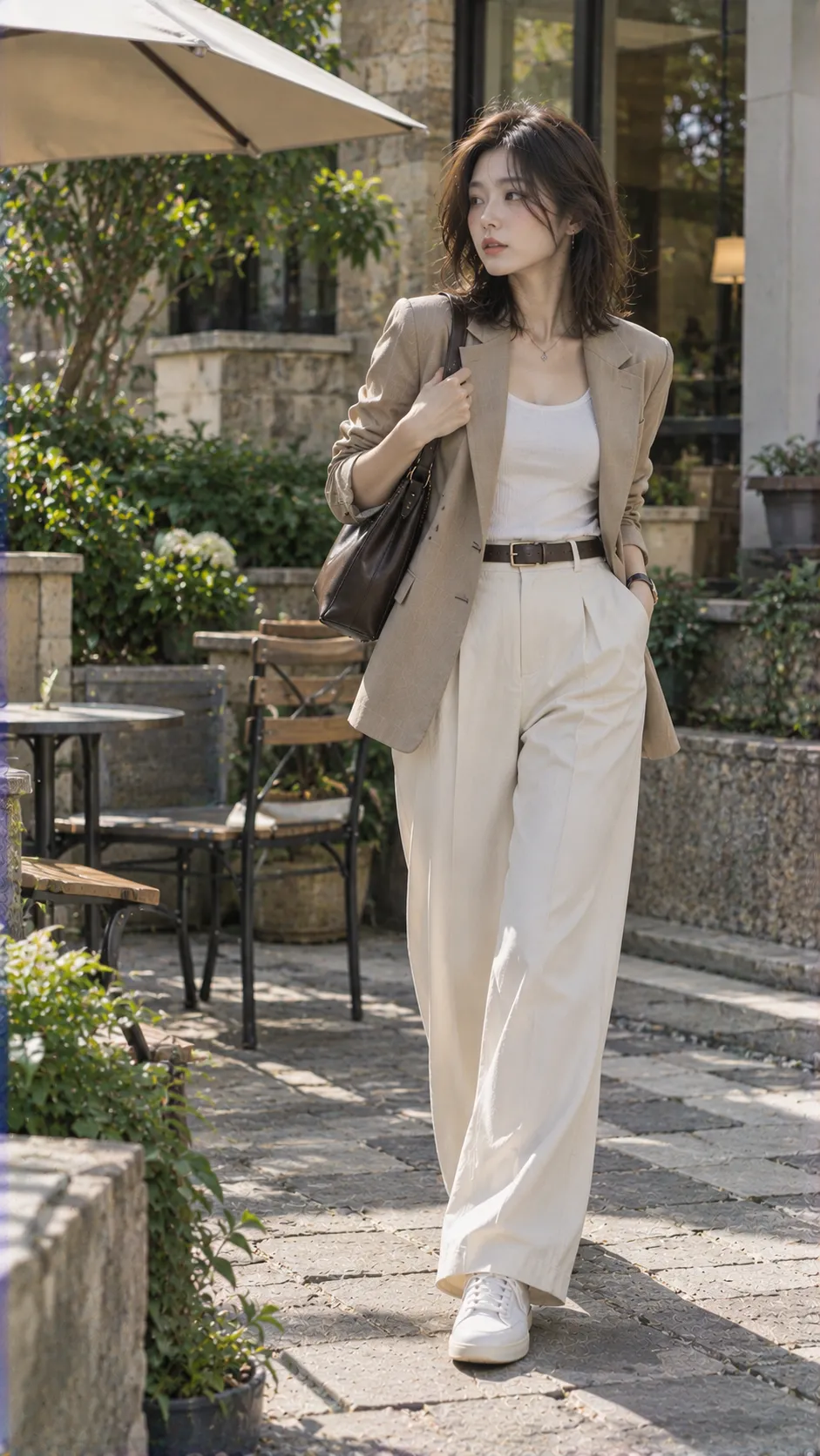 Old Money Style trong Blazer mềm + tank/tee chất lượng + quần pleated + sneaker da tối giản với sneaker, blazer