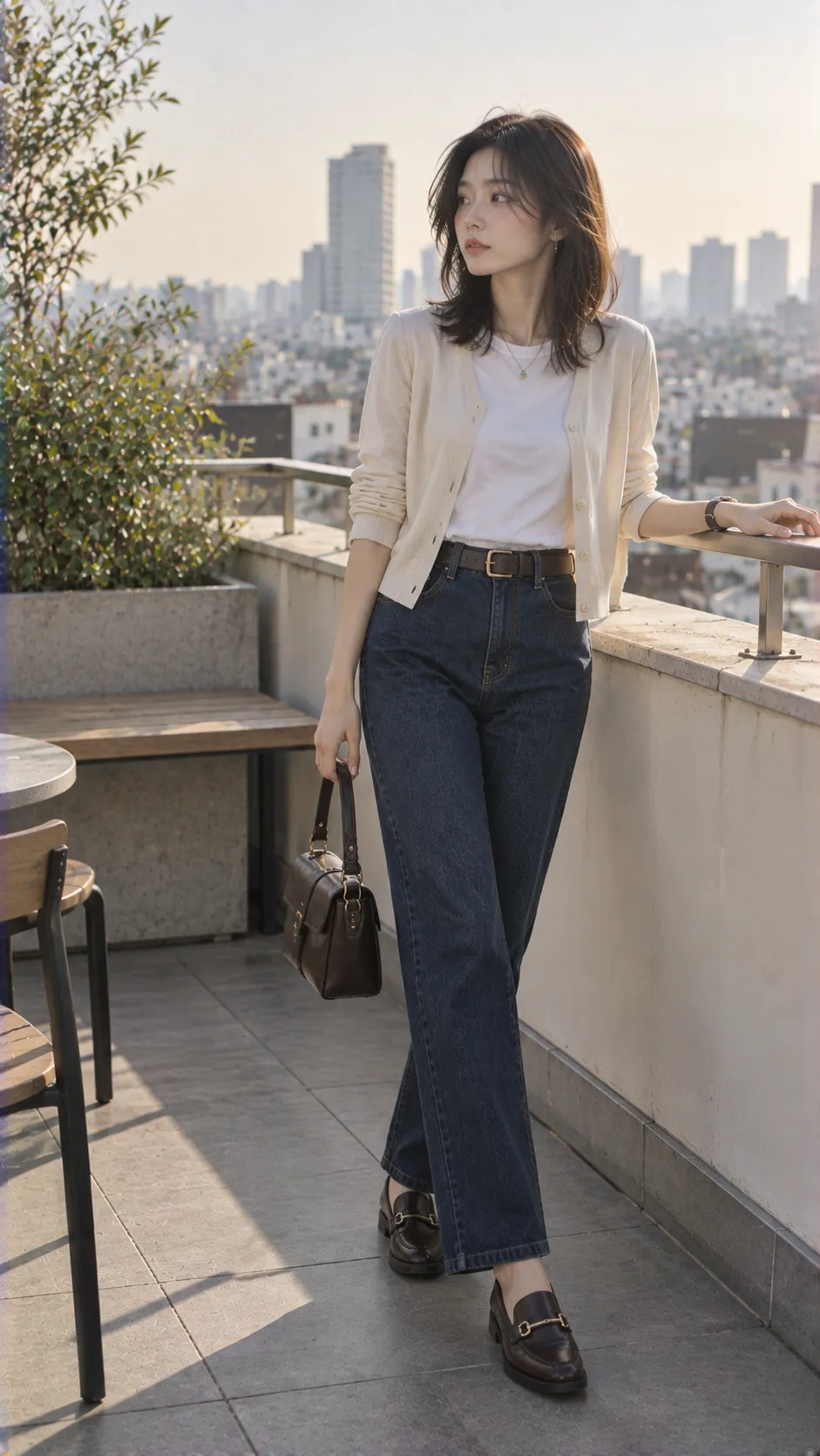 Old Money Style trong Cardigan mỏng + tee trơn + jeans xanh đậm ống đứng + loafer với loafer, cardigan, denim