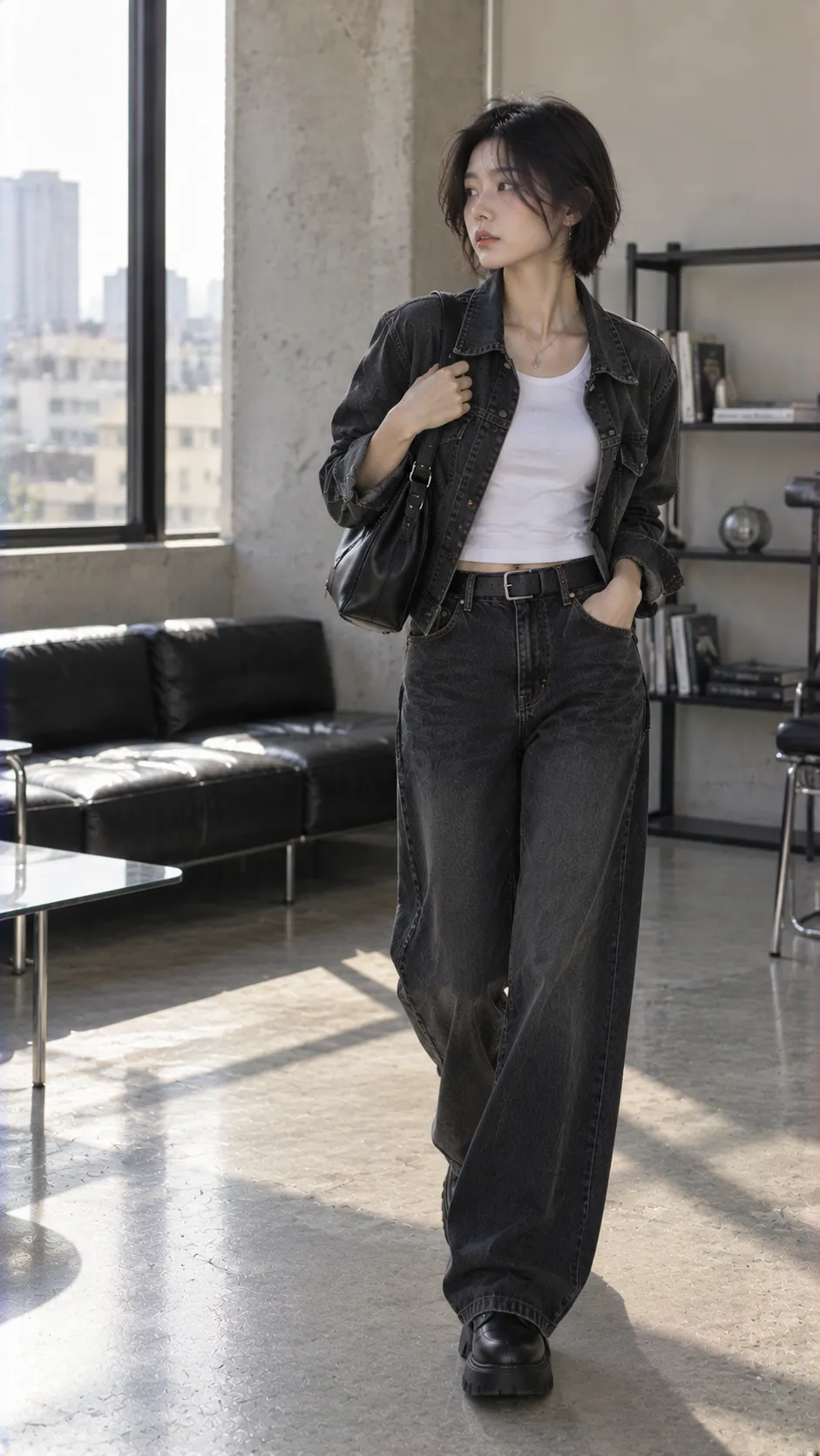 OOTD đặc trưng với denim, đen, trắng, xám