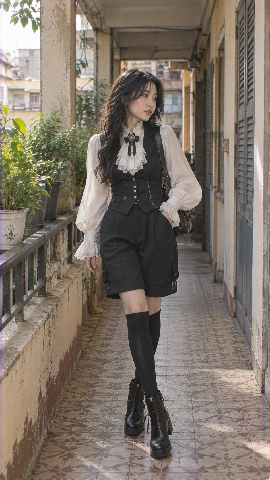 Classic Ouji coord màu navy và ivory với blouse ruffle, waistcoat, tailored shorts, tất cao và boots
