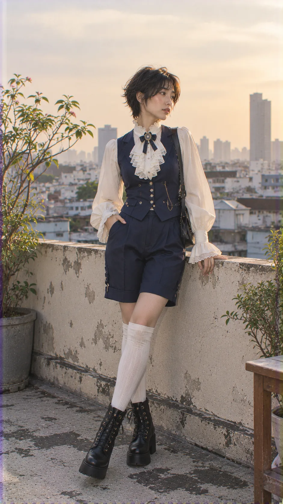Gothic Ouji fashion toàn đen với blouse cổ cao, jacket cấu trúc, shorts, tights và boots bạc chi tiết