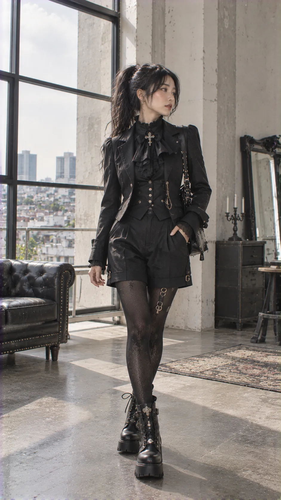 Ouji fashion hiện đại với blouse trắng, vest tối màu, quần shorts may đo và boots trong outfit dễ mặc hơn