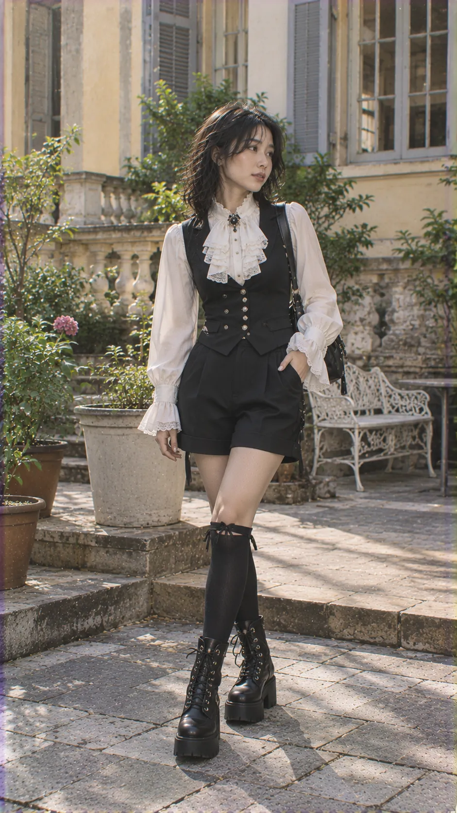Silhouette Ouji fashion với blouse tay phồng, waistcoat ôm, shorts ngang gối, tất dài và ankle boots