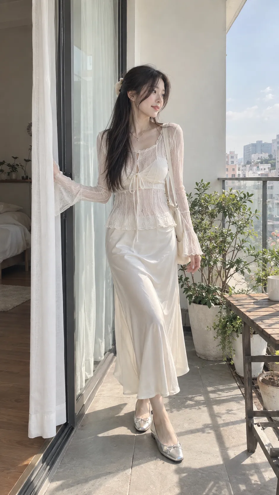 Outfit đi biển nữ tông ivory với áo sheer dài tay và slip skirt nhẹ