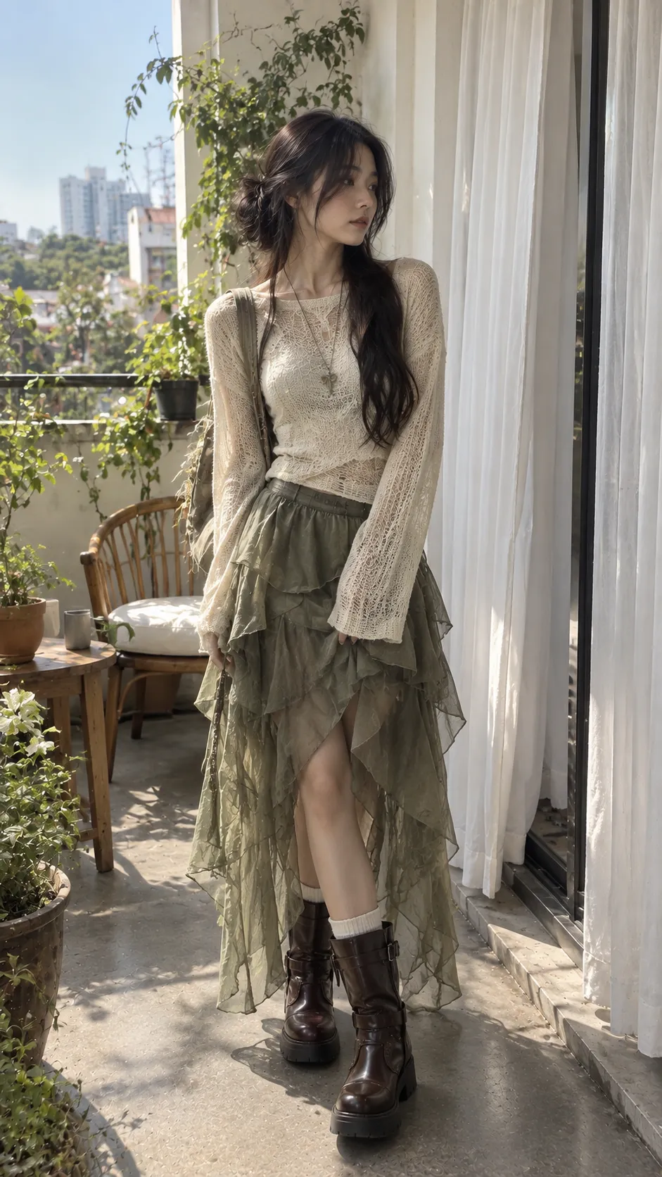 Outfit đi biển nữ với váy layer sheer màu rêu và knit top màu kem