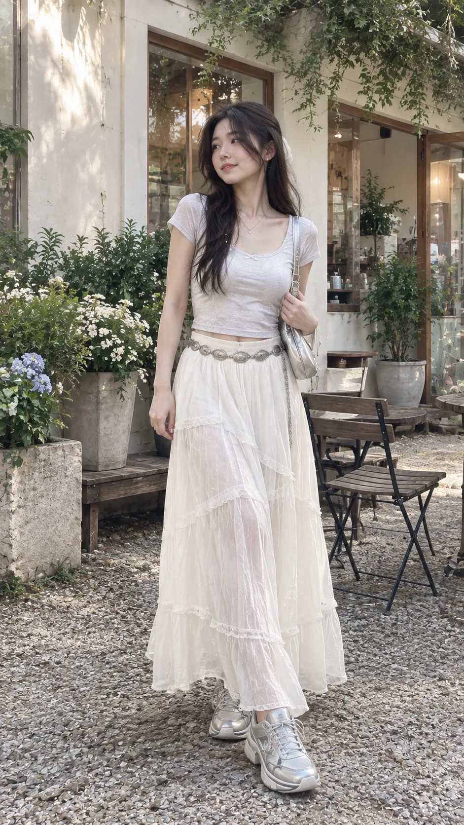 Outfit đi biển nữ với baby tee trắng, maxi skirt sheer và sneaker bạc
