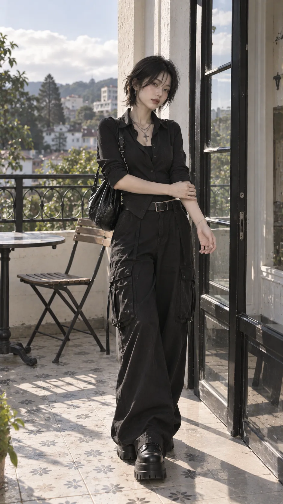 Outfit E-Girl Dưới 500K với boots, sneaker, mẫu nữ trẻ đang thử form trong không gian mua sắm không logo