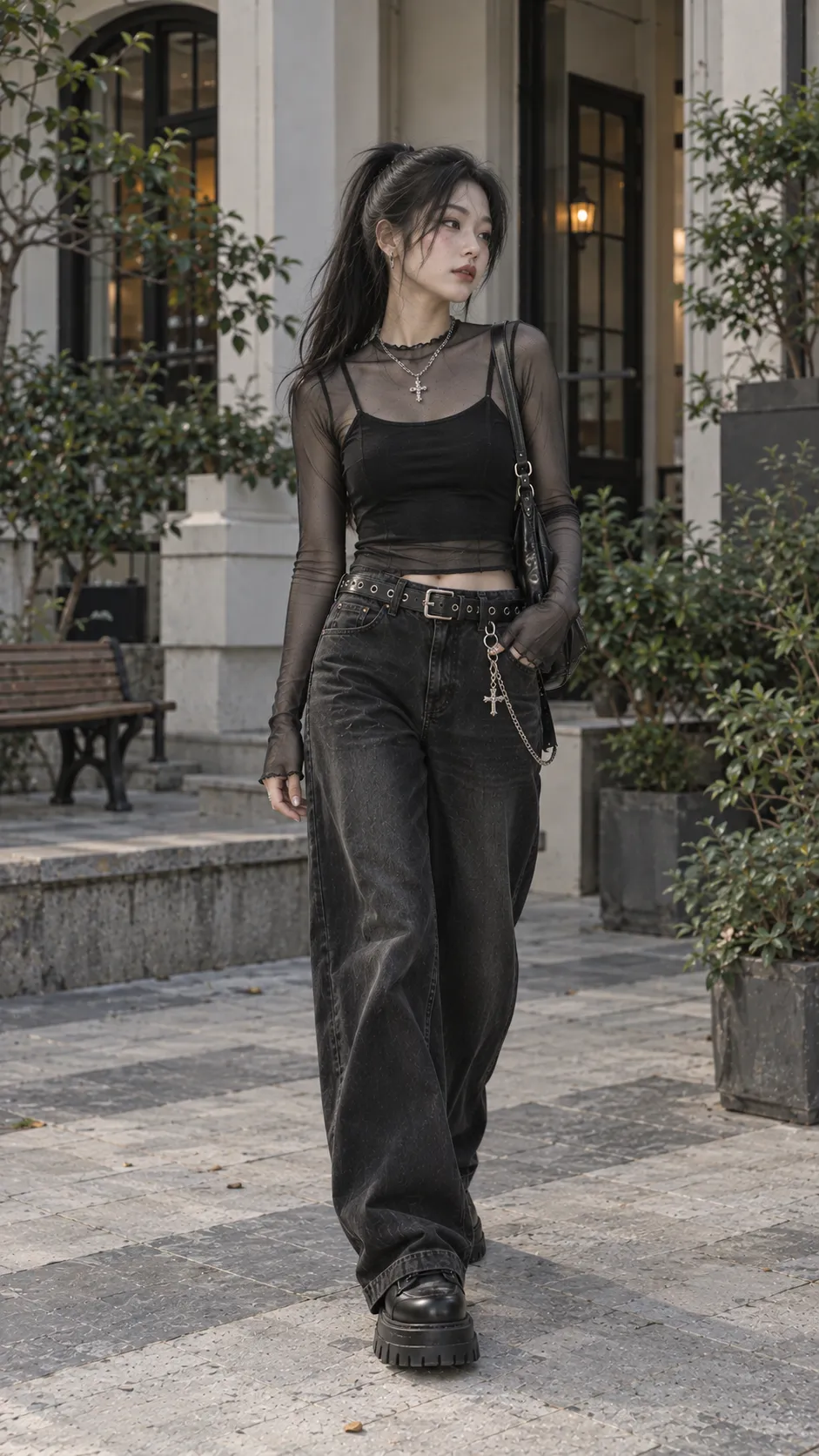 Outfit E-Girl Dưới 500K với baby tee, belt, mẫu nữ trẻ đang thử form trong không gian mua sắm không logo
