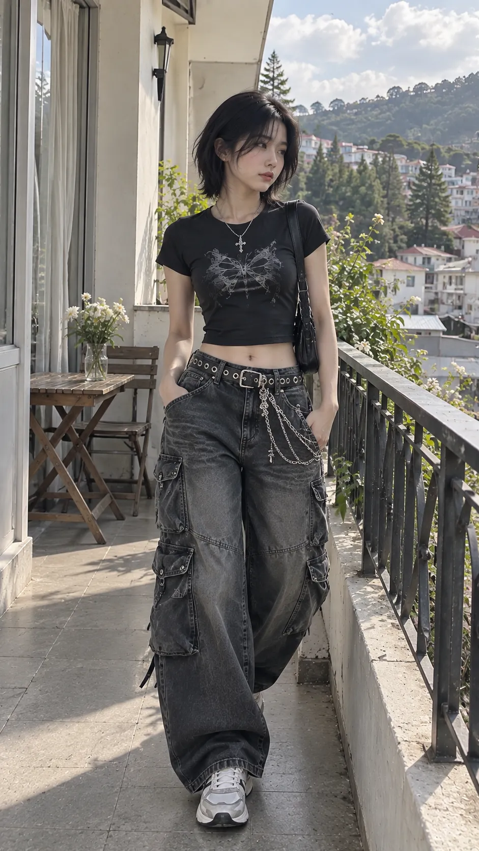 Outfit E-Girl Dưới 500K trong Baby Tee + Cargo/Jeans Rộng + Belt Bạc với sneaker, baby tee, chain, bạc