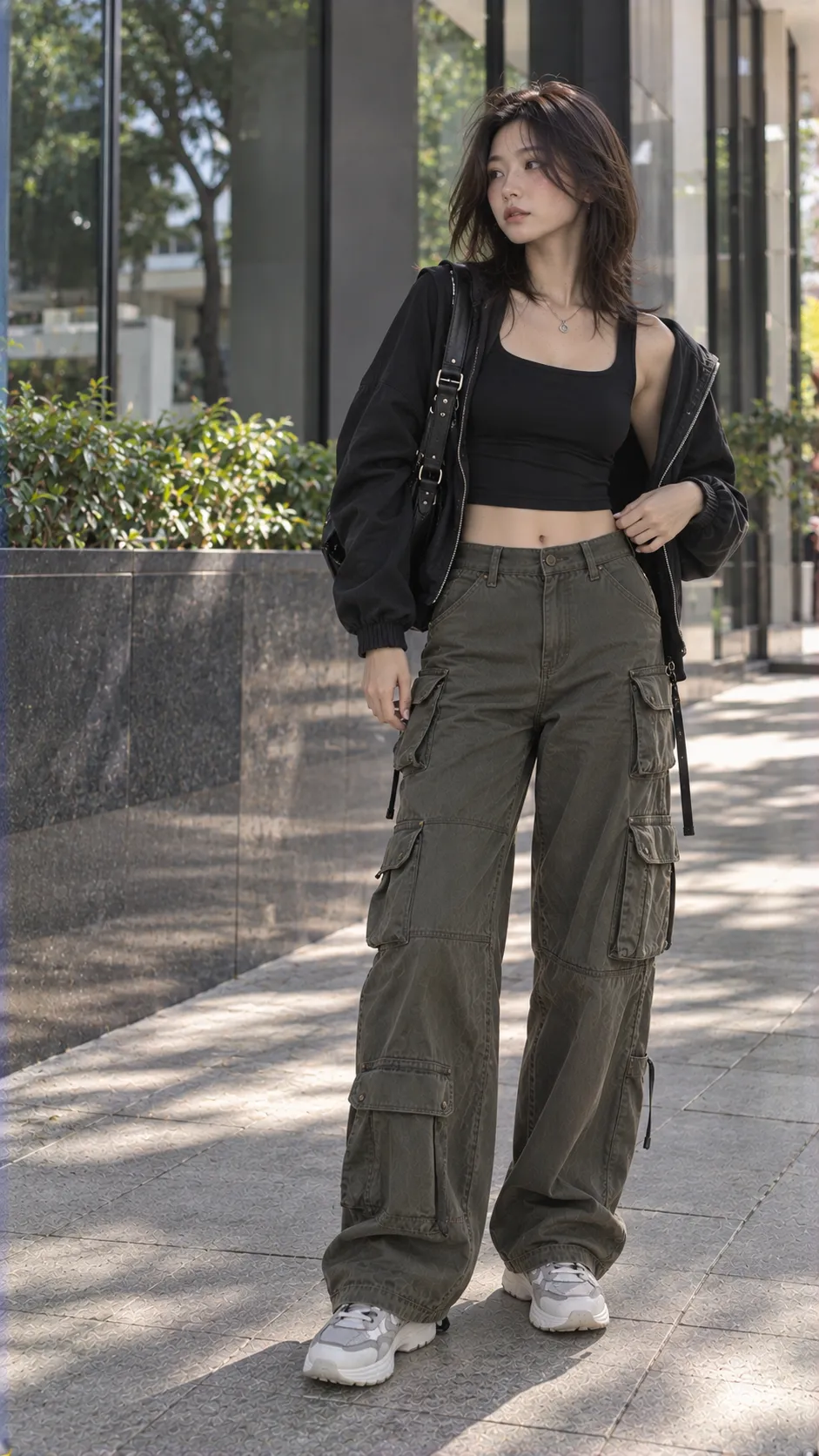 Outfit đặc trưng với boots, sneaker, crop top, quần cargo