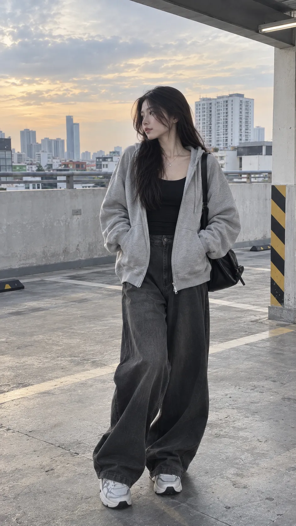 Outfit sân bay nữ với zip hoodie oversize, tank đen và quần wide leg