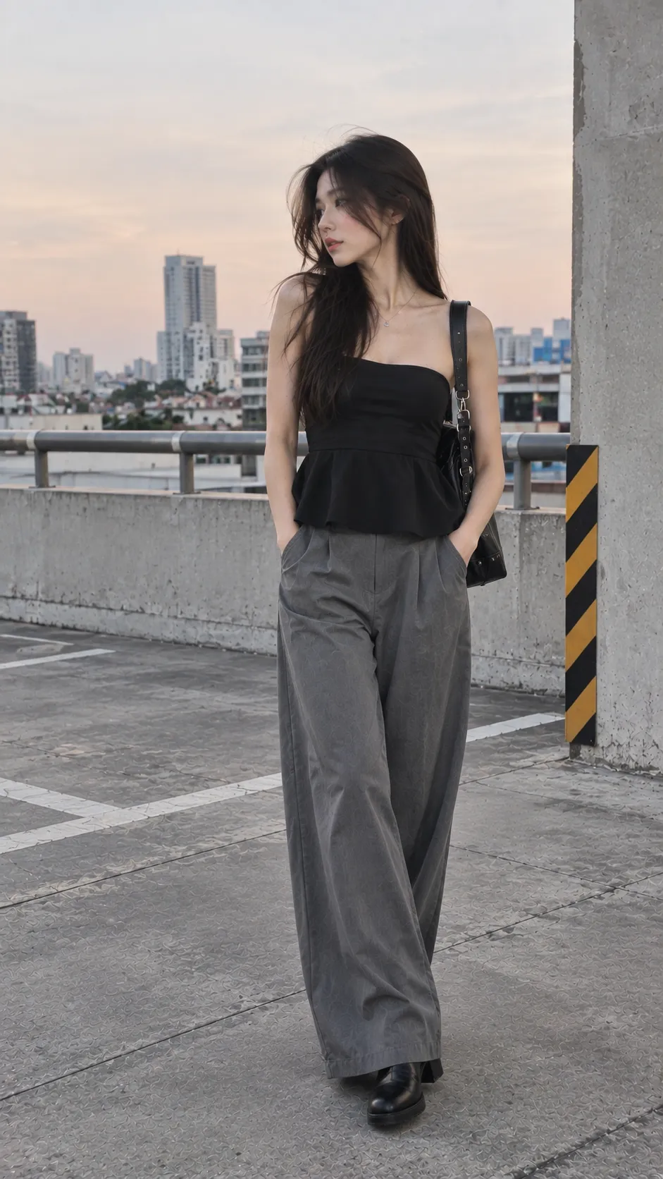 Outfit sân bay nữ với áo ống xoè đen, quần suông xám và ankle boots