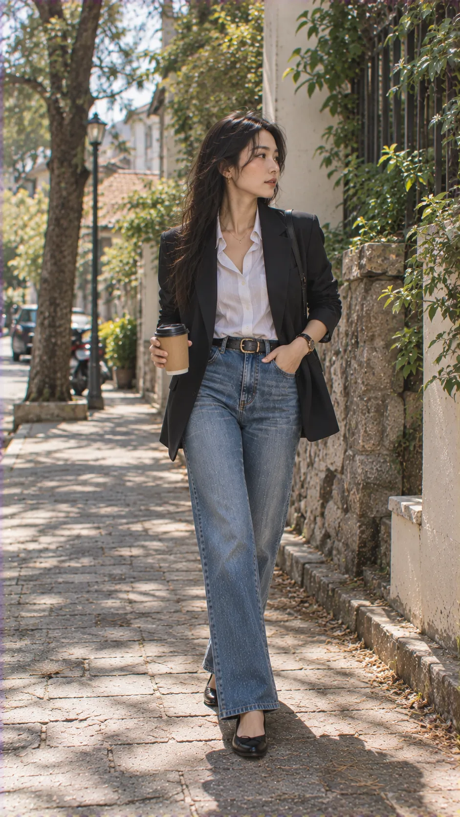 Parisian Chic accessories với ballerina flats, túi da nhỏ, khăn lụa và kính tối màu