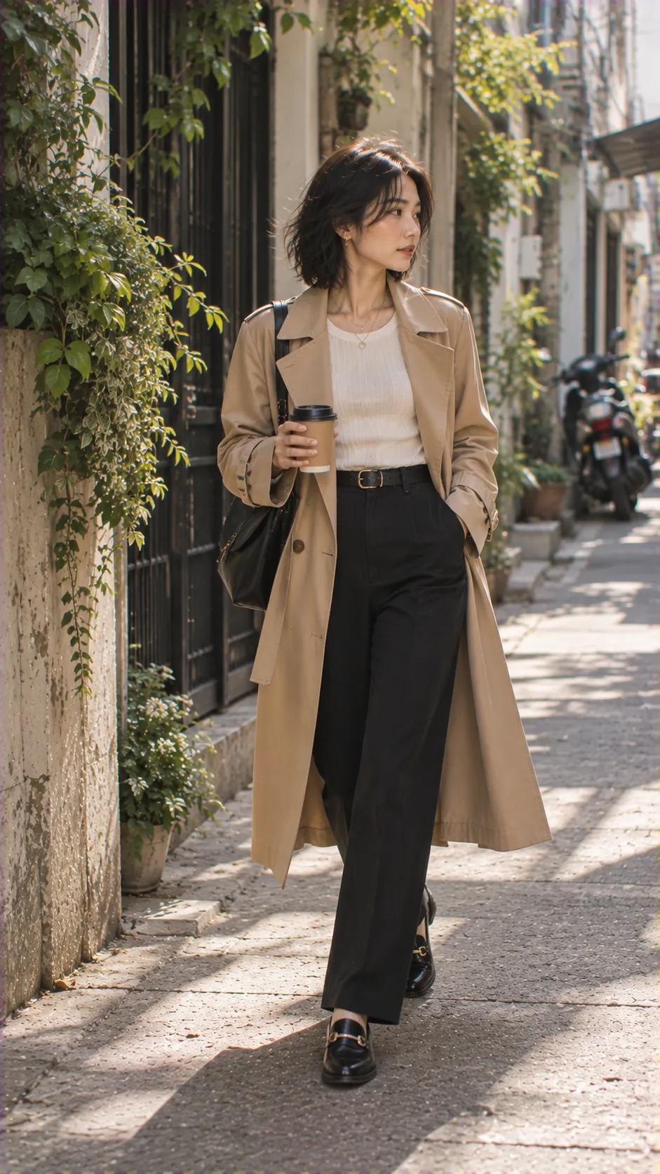 Parisian Chic outfit với trench coat, knit mỏng, quần đen và loafer nữ