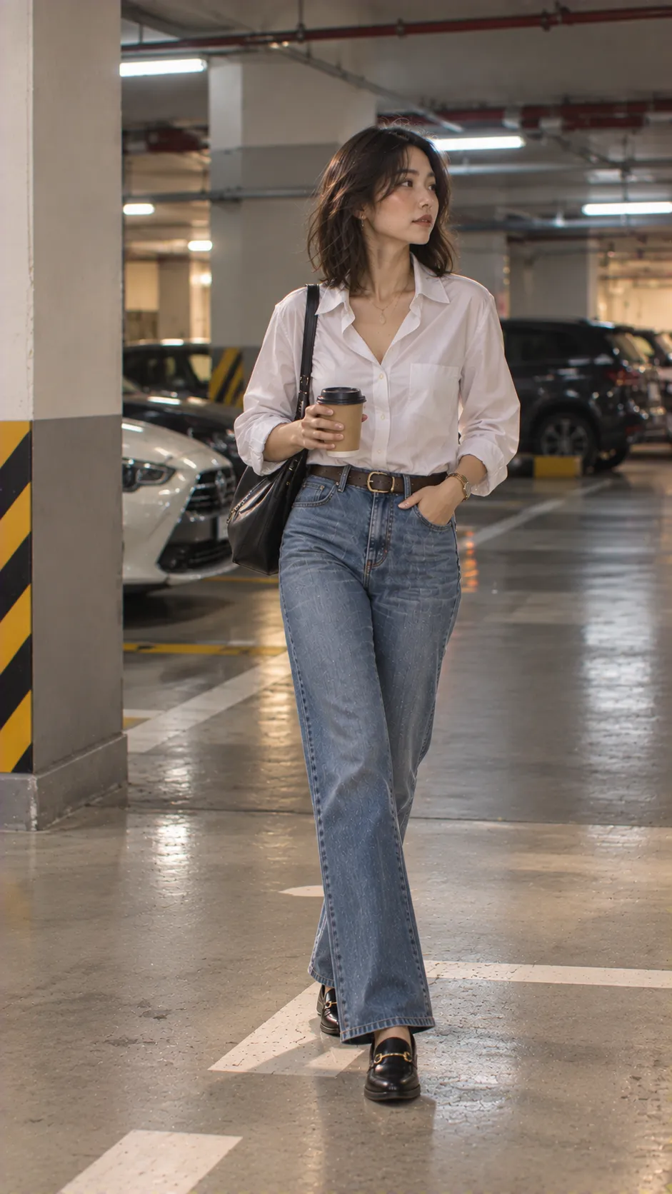 Parisian Chic outfit với sơ mi trắng rộng, jeans xanh, belt da và loafer nữ
