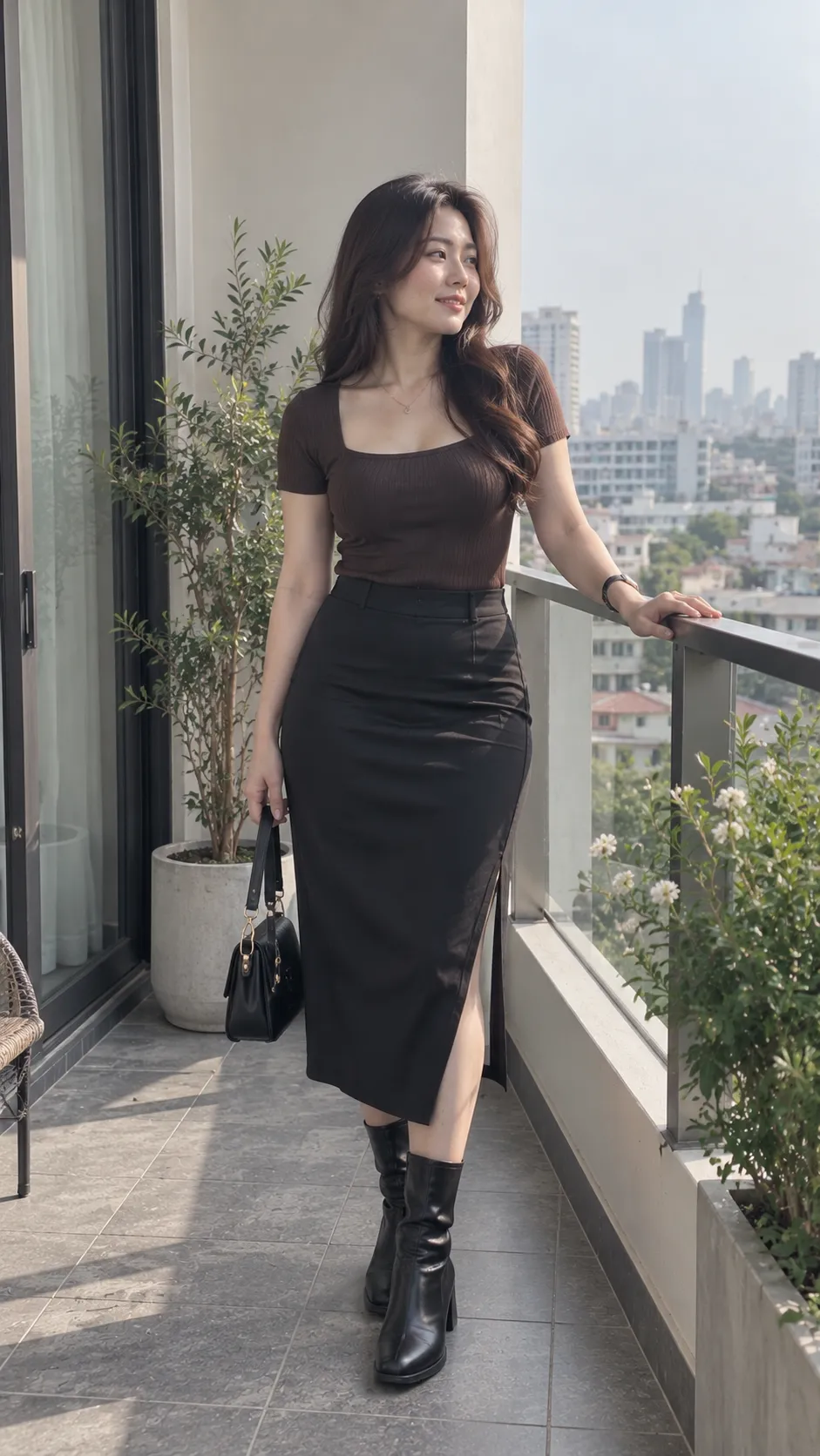 Outfit dáng quả lê với fitted top bodycon midi skirt và boots nhấn đường cong tự nhiên