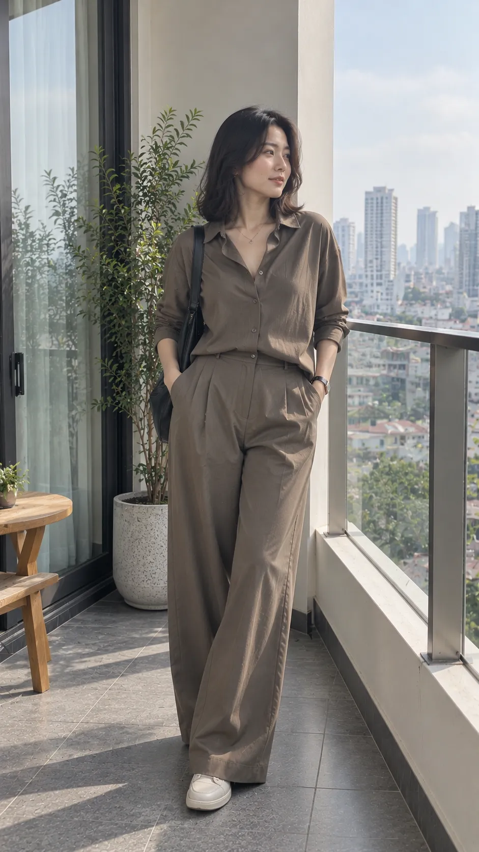 Boxy shirt phối quần wide leg cùng màu tạo column silhouette cho dáng tam giác ngược