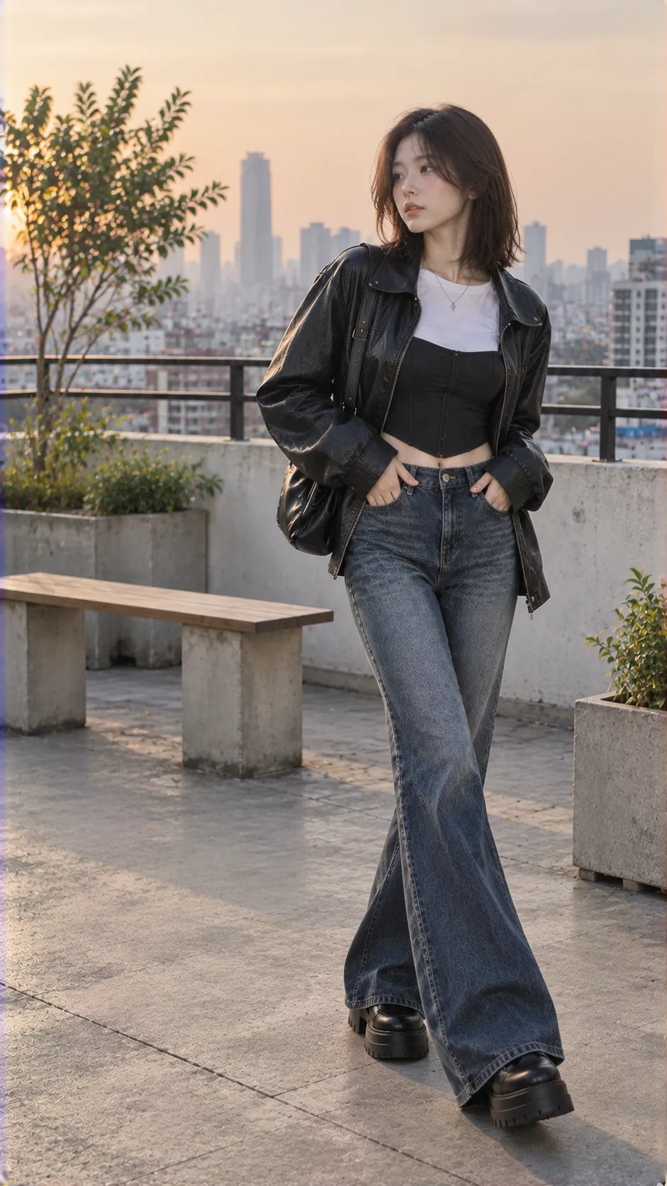 Item Guide Quần Nữ với leather jacket, corset, baby tee, quần ống loe theo Phối Đồ Với Quần Ống Loe Nữ: 7 Công Thức Dễ Mặc Và Cá Tính