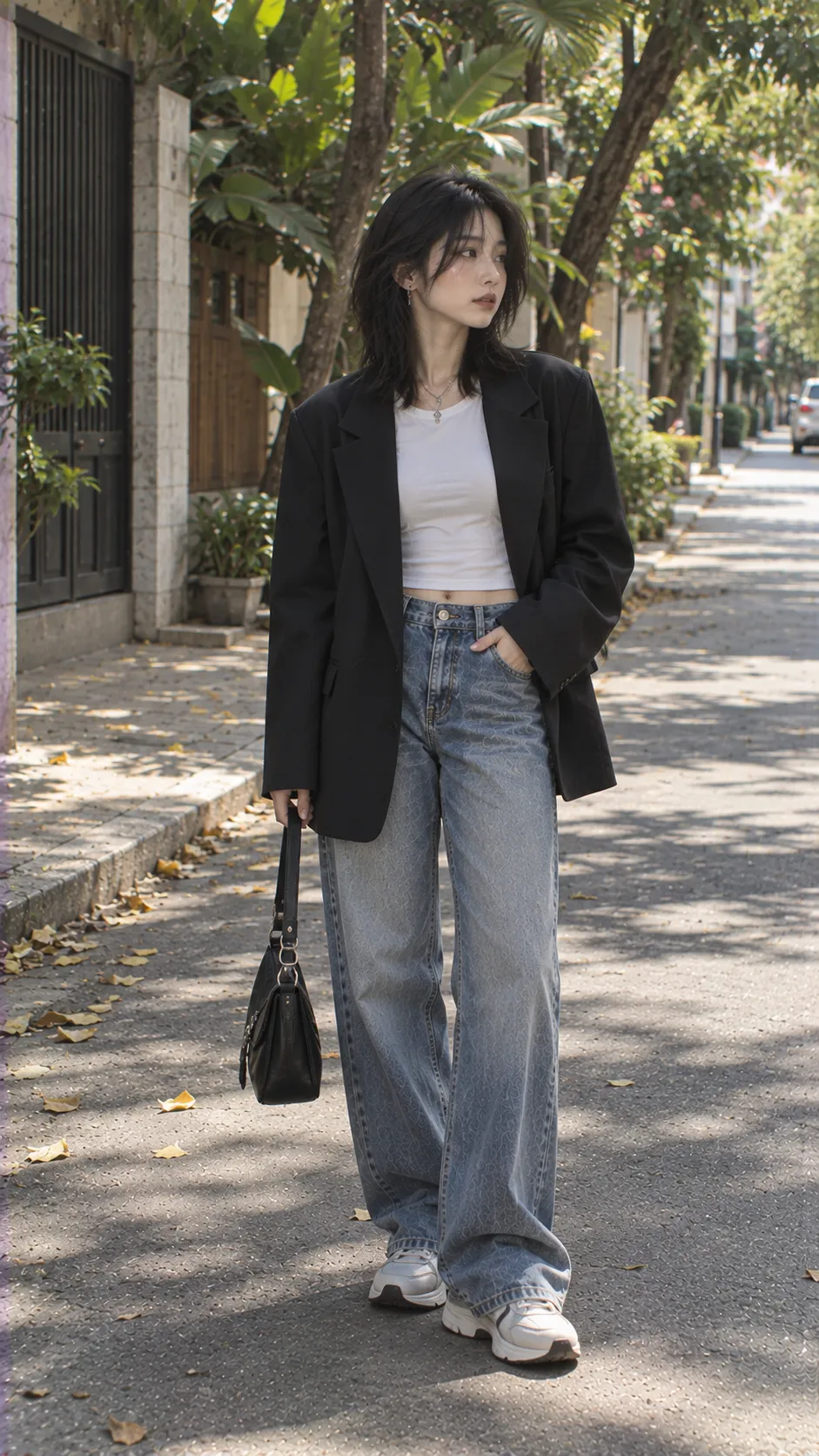 Áo Blazer Đen Nữ trong Đi cafe: oversized blazer + baby tee + straight jeans + sneaker với ankle boots, loafer, sneaker, blazer