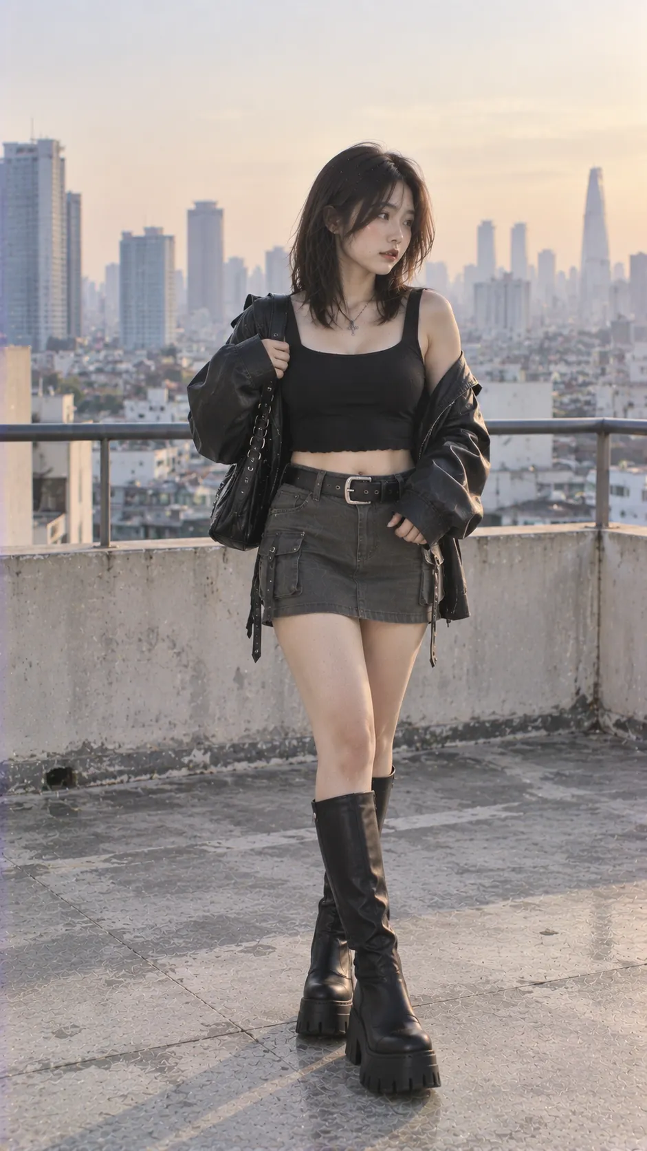 Áo Bomber Nữ thể hiện silhouette chuẩn với platform boots, boots, mini skirt, jeans