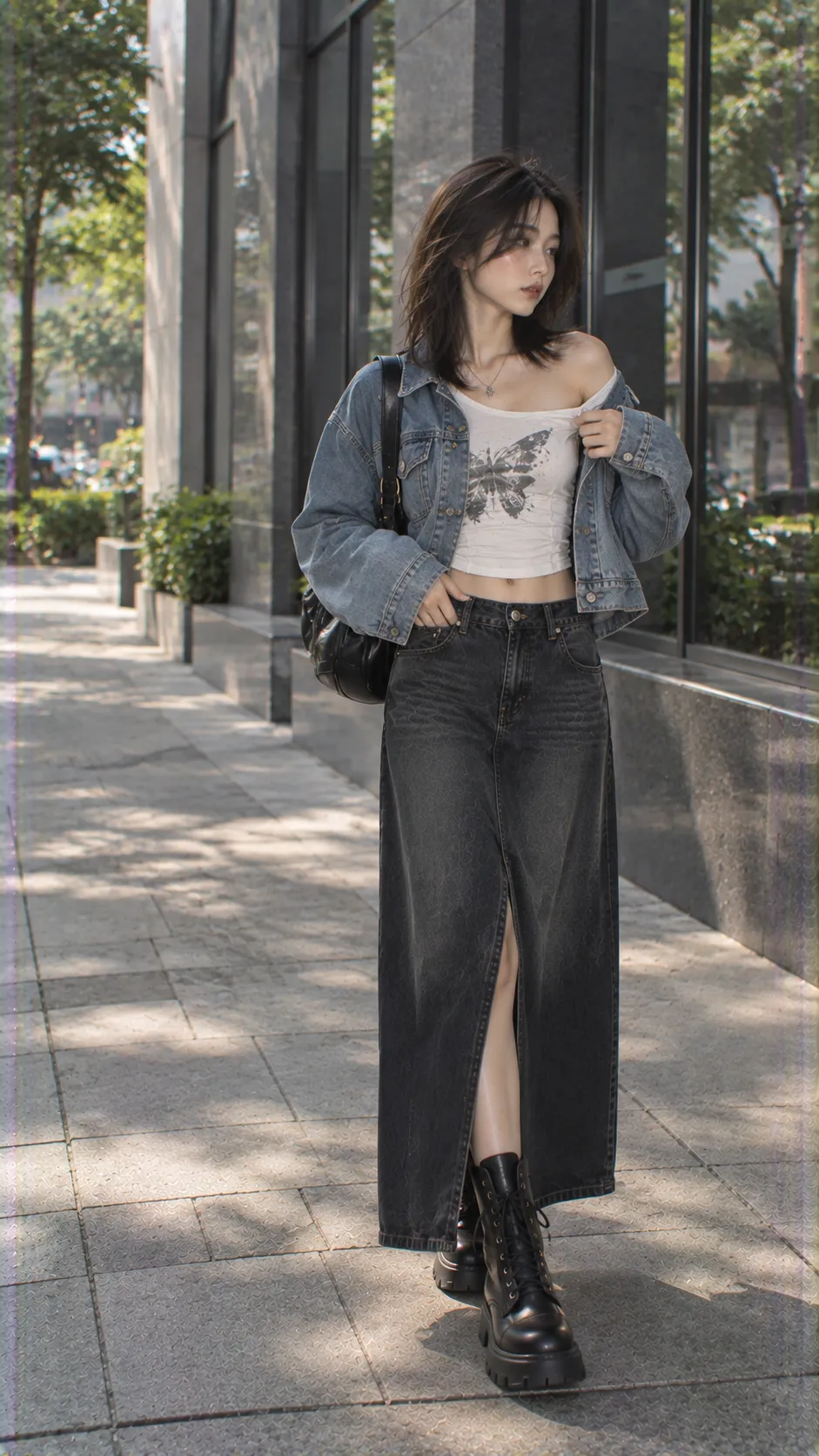 Áo Khoác Jean Nữ với baby tee, áo trễ vai, denim, đen theo Chọn Công Thức Theo Dịp Thay Vì Chỉ Theo Aesthetic