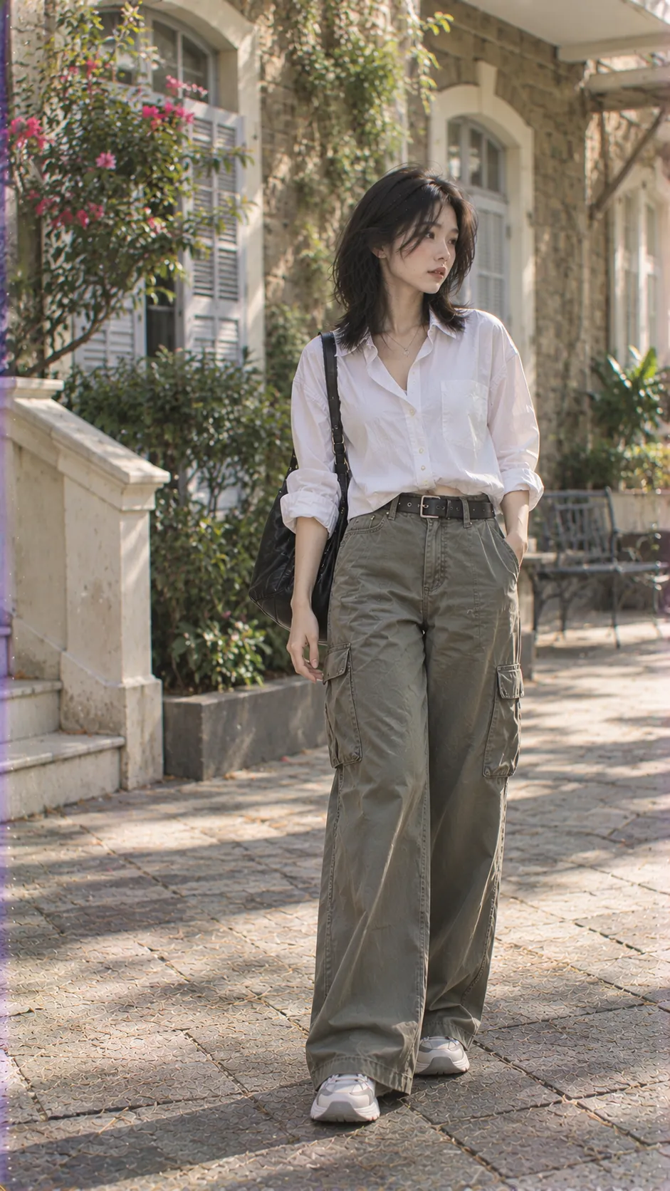 Áo Sơ Mi Nữ Phối Với Quần Gì thể hiện silhouette chuẩn với sơ mi, shirt, cargo pants, jeans
