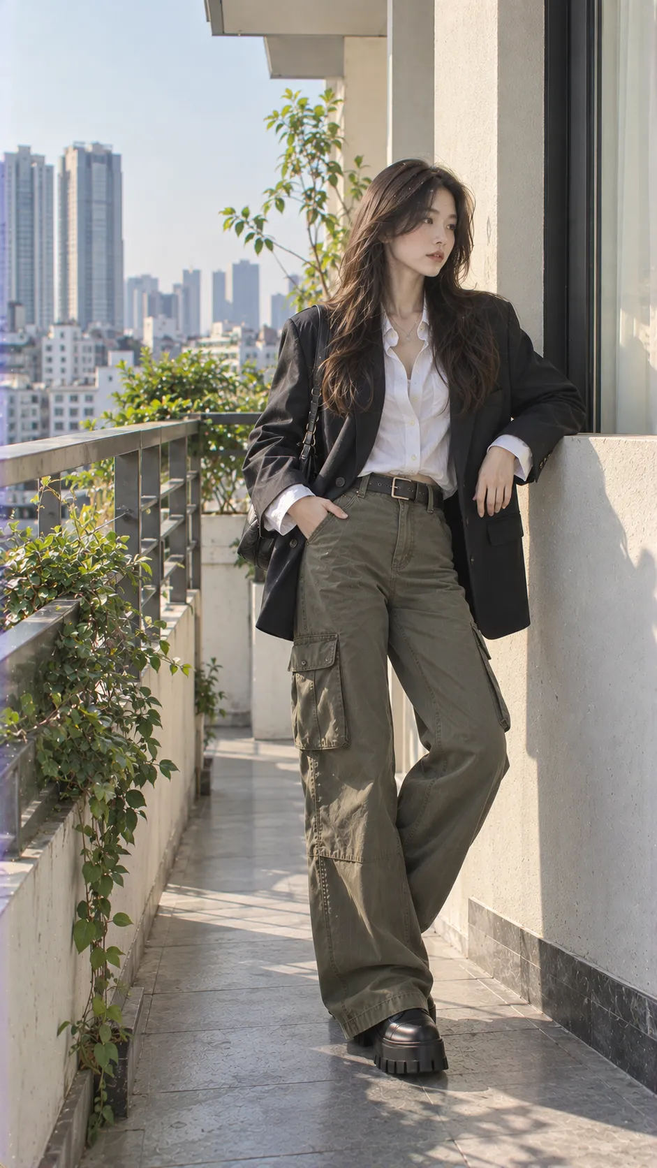 Áo Sơ Mi Nữ Phối Với Quần Gì với boots, blazer, sơ mi, shirt, cargo pants
