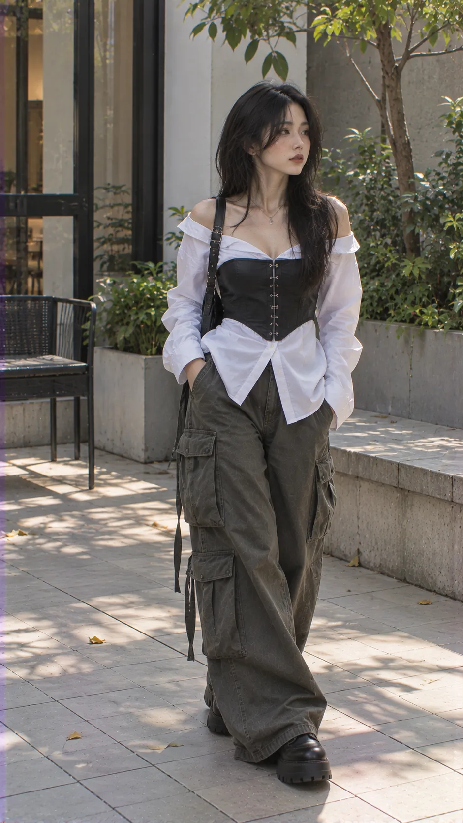 Áo Sơ Mi Nữ Phối Với Quần Gì với corset, sơ mi, áo trễ vai, quần cargo theo Đọc Ví Dụ Trên Outfit Thật