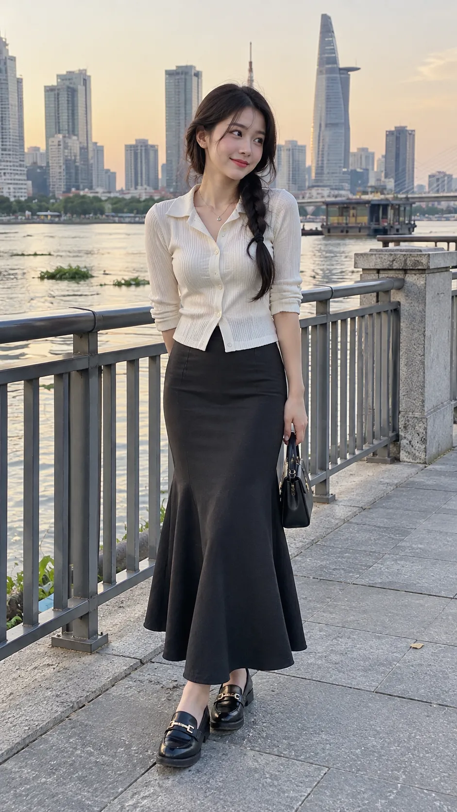 Chân Váy Đuôi Cá Phối Với Áo Gì thể hiện silhouette chuẩn với loafer