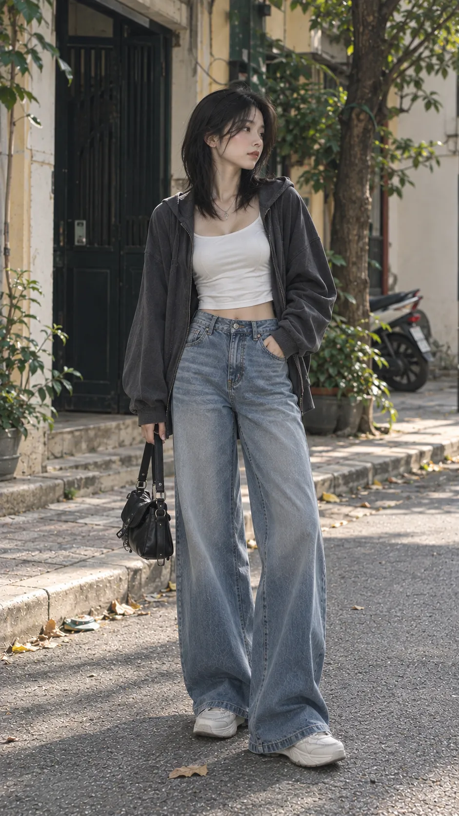 Quần Jean Ống Suông Phối Với Áo Gì thể hiện silhouette chuẩn với quần wide-leg