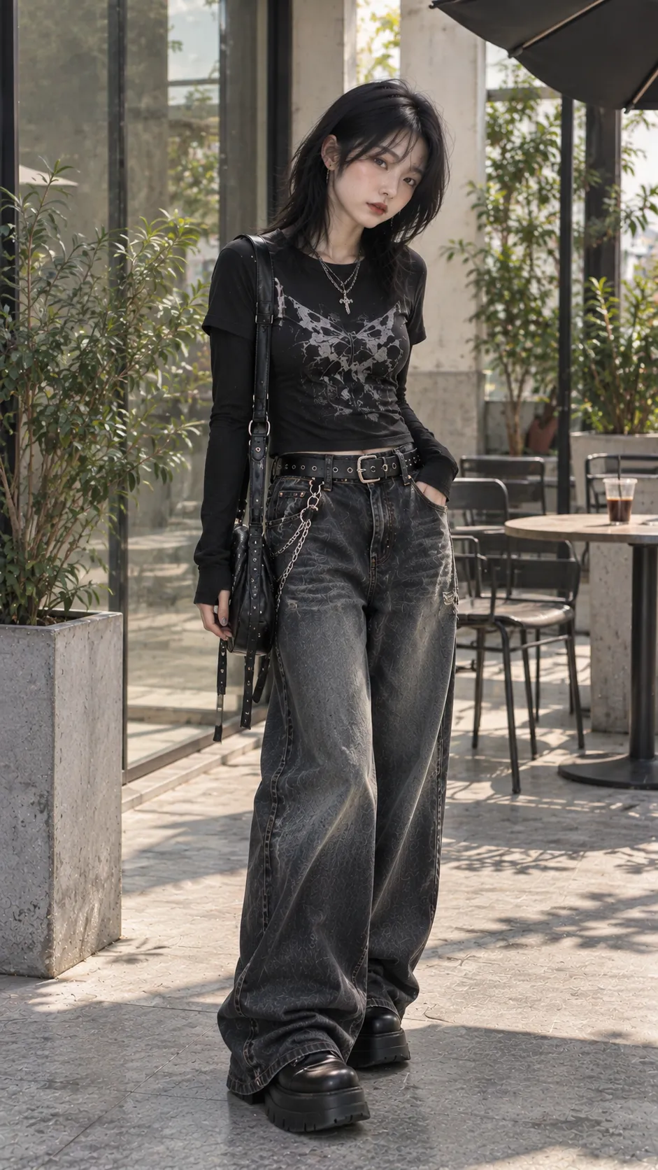 Phong Cách Emo thể hiện silhouette chuẩn với jeans, denim, quần baggy