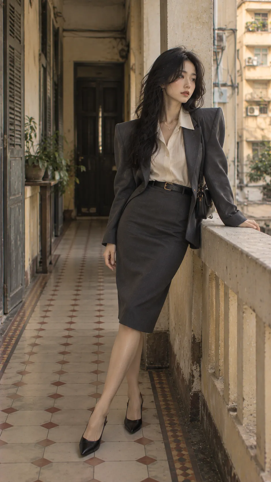 Power suit cảm hứng 1980s với blazer vai rộng, eo gọn và chân váy bút chì