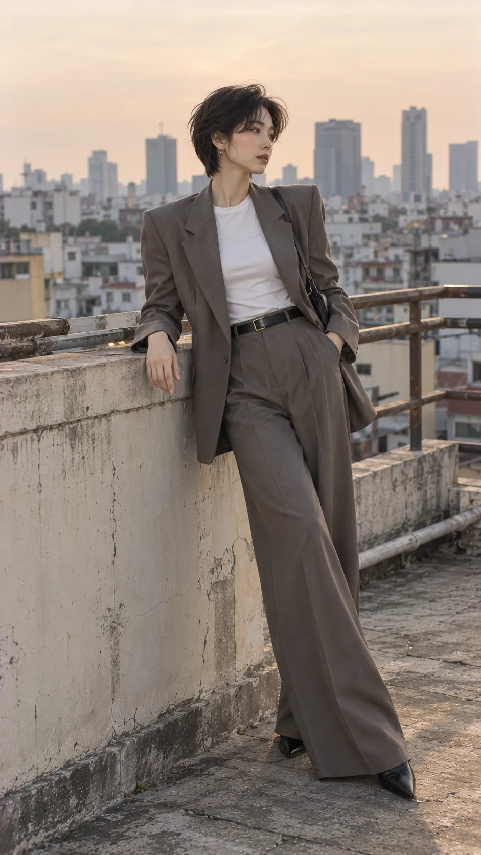 Blazer nữ hiện đại với vai cấu trúc, áo thun trơn và quần suông tạo power dressing mềm hơn