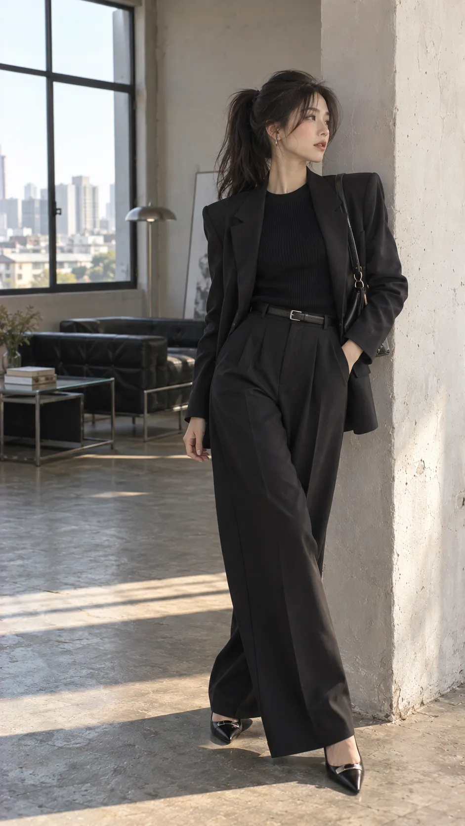 Power dressing nữ với suit monochrome mềm, áo knit cổ tròn và giày bệt mũi nhọn