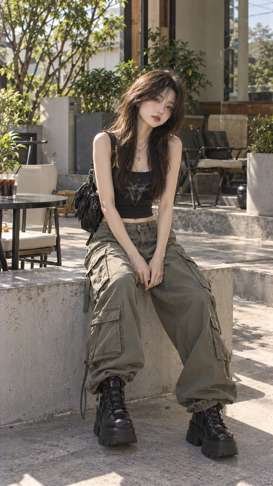 Quần Cargo thể hiện silhouette chuẩn với platform boots, boots, sneaker, cargo pants