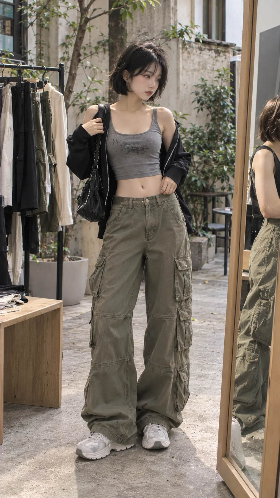 Quần Cargo Nữ Mua Ở Đâu với quần cargo, cargo pants, mẫu nữ trẻ đang thử form trong không gian mua sắm không logo