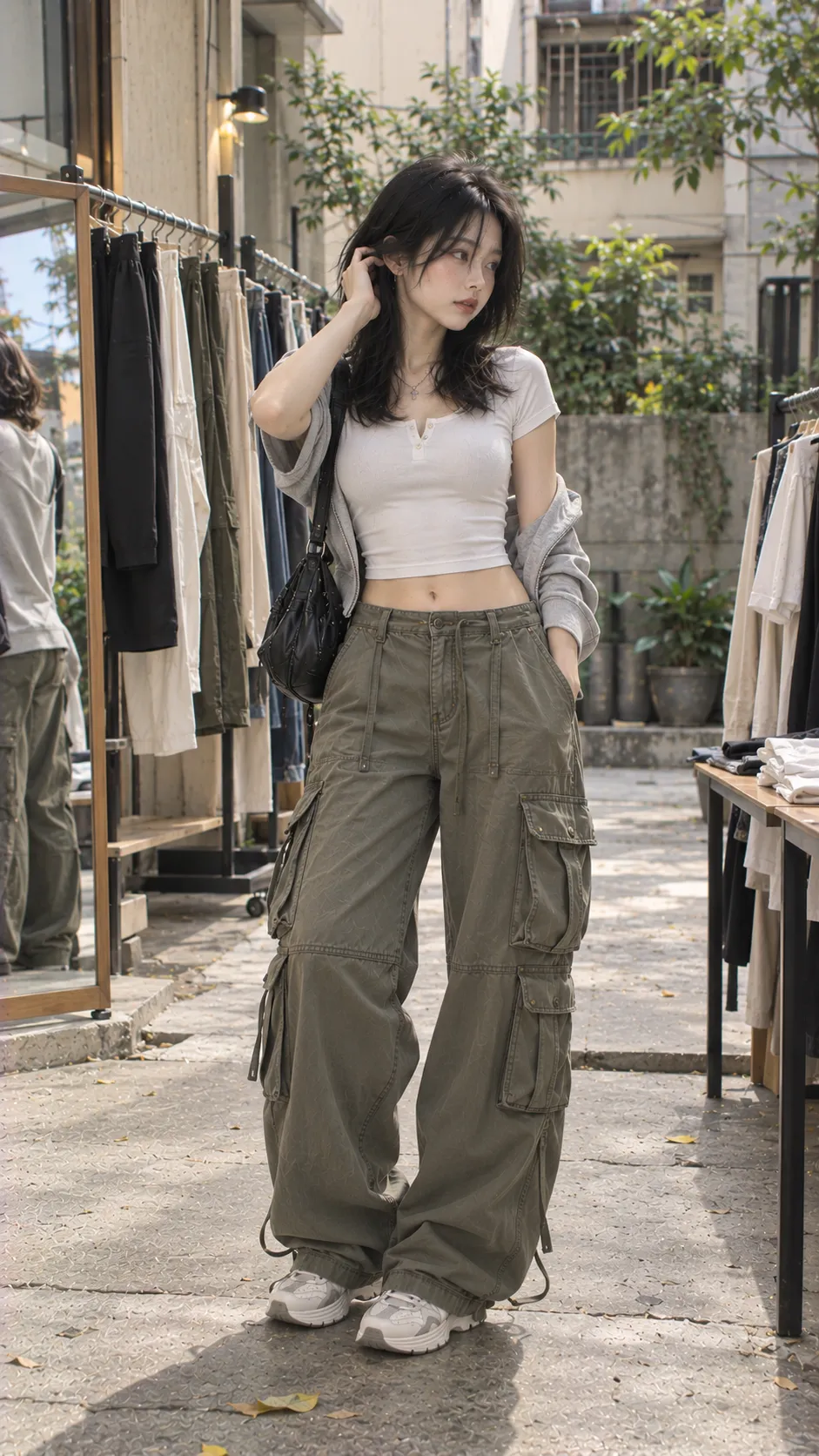 Quần Cargo Nữ Mua Ở Đâu với cargo pants, quần ống rộng, quần ống suông, mẫu nữ trẻ đang thử form trong không gian mua sắm không logo