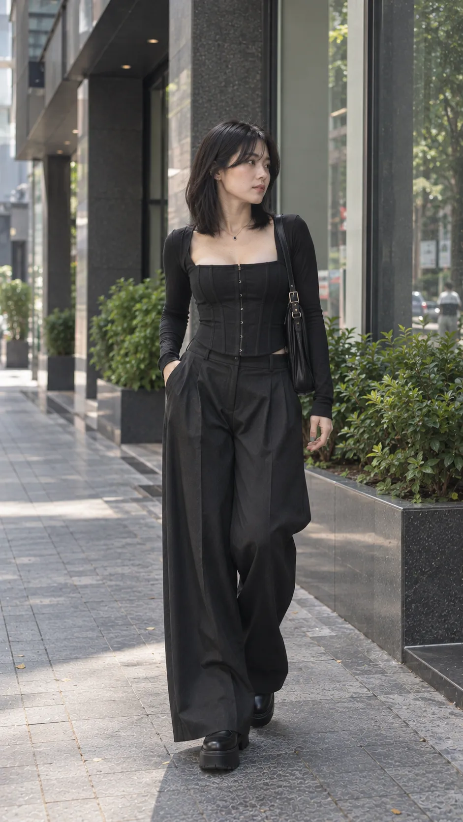 Quần ống rộng nữ đen phối corset top và platform boots theo phong cách dark feminine