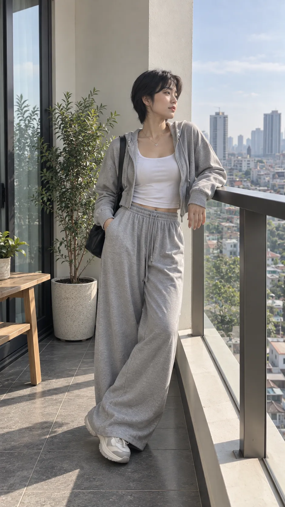 Quần nỉ ống rộng nữ phối tank top và hoodie cropped theo phong cách streetwear