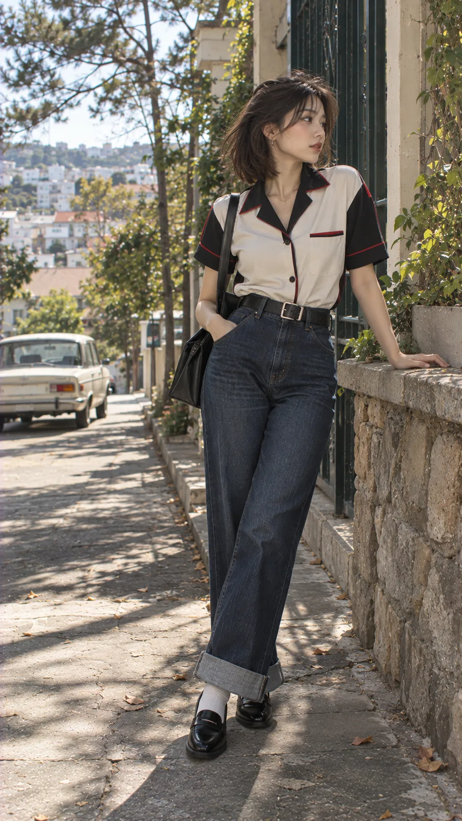 Rockabilly casual nữ với bowling shirt, jeans cạp cao, belt và loafers retro