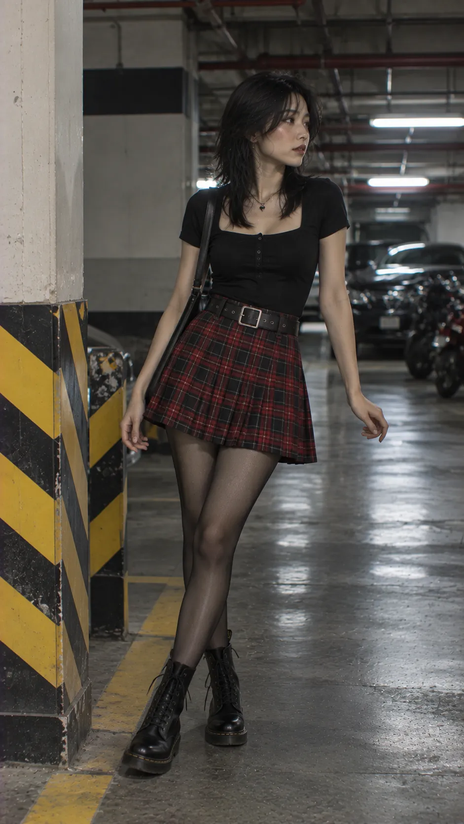 Rockabilly style nữ dark với plaid skirt, fitted top, tights và boots nhưng giữ phụ kiện tiết chế
