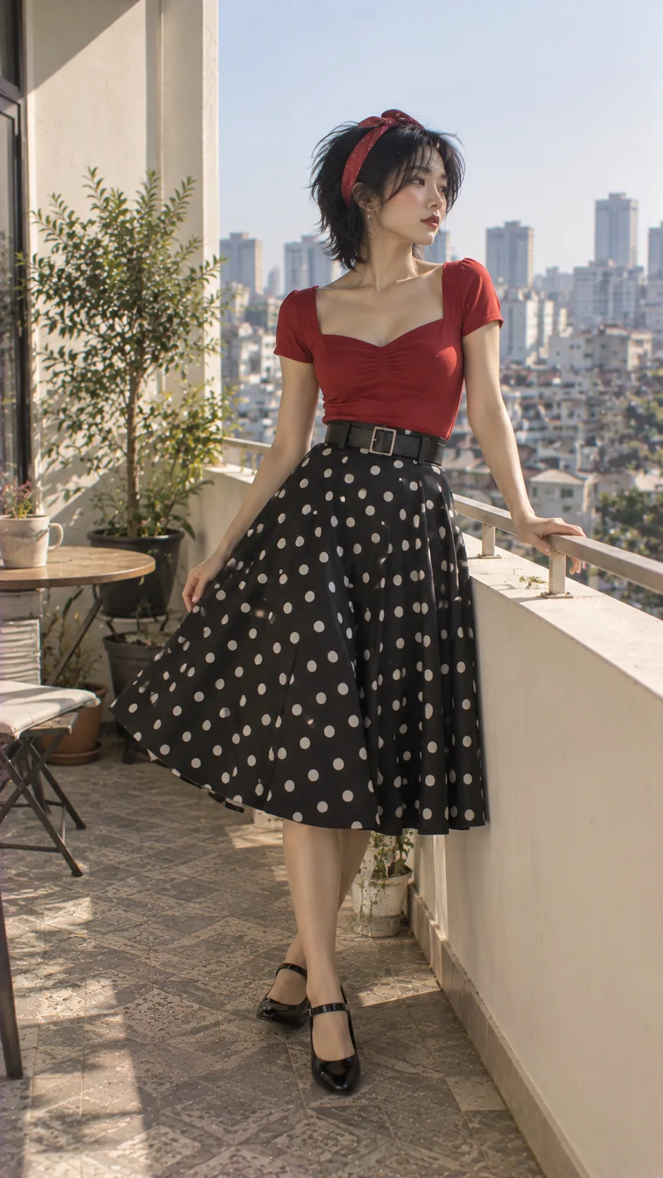 Rockabilly nữ với swing skirt chấm bi, fitted top, belt và Mary Jane tạo waist rõ