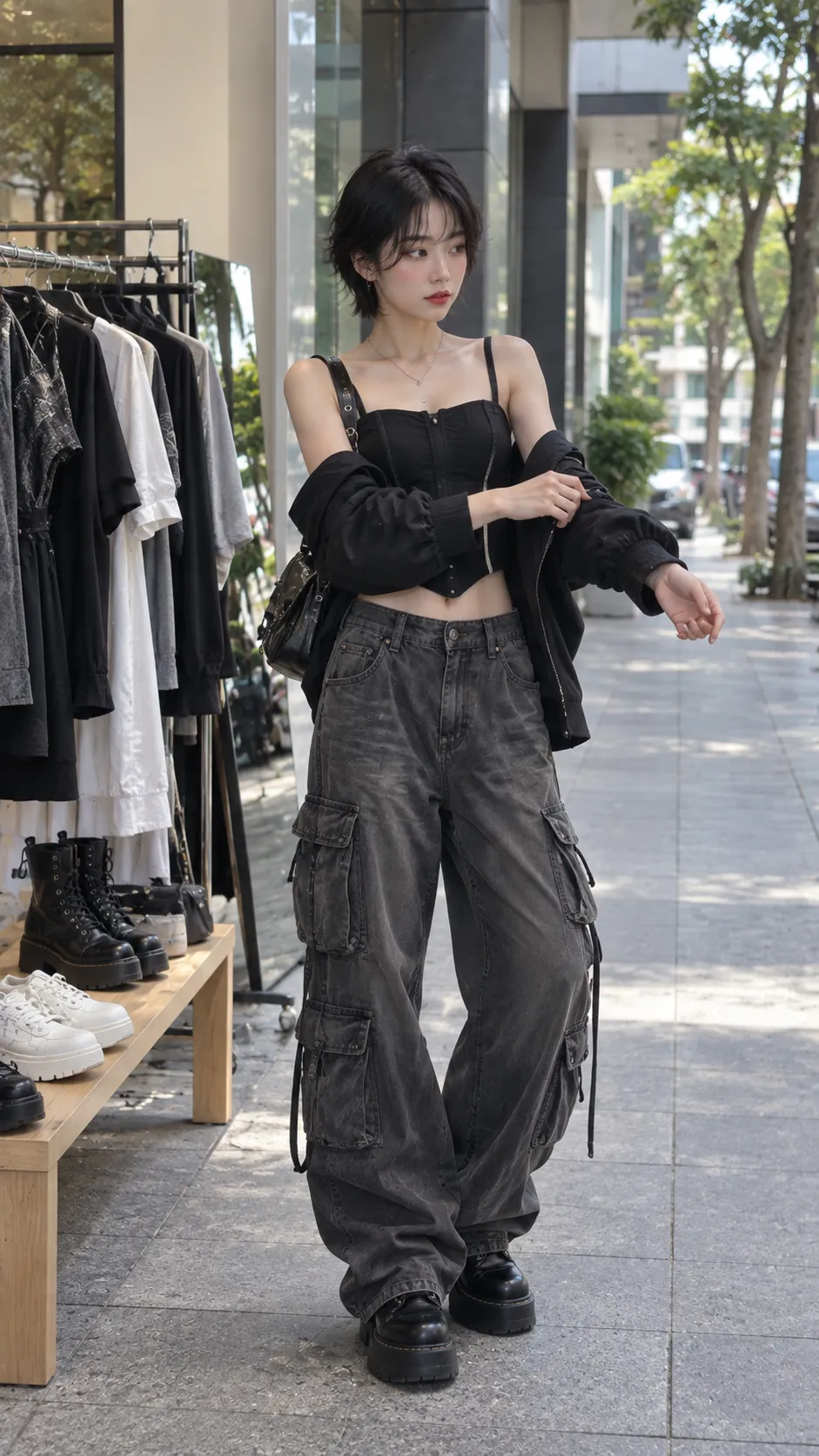 Set Baddie Dưới 700K với boots, sneaker, corset top, cargo pants, mẫu nữ trẻ đang thử form trong không gian mua sắm không logo