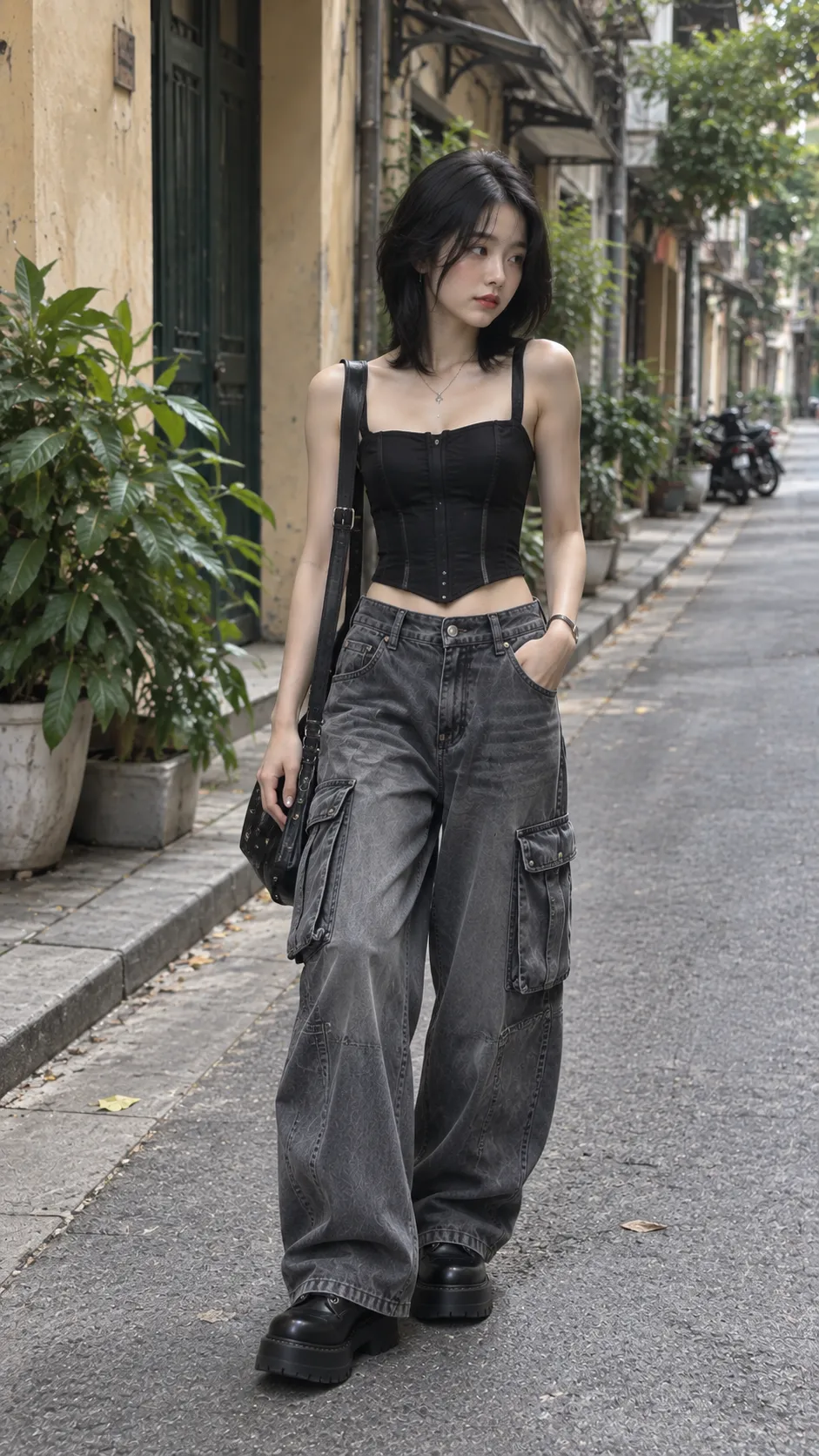 Set Baddie Dưới 700K với boots, corset top, cargo pants, jeans, mẫu nữ trẻ đang thử form trong không gian mua sắm không logo