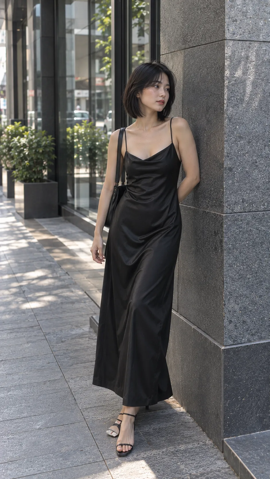 Đầm slip dress đen form rủ với dây mảnh và neckline đơn giản