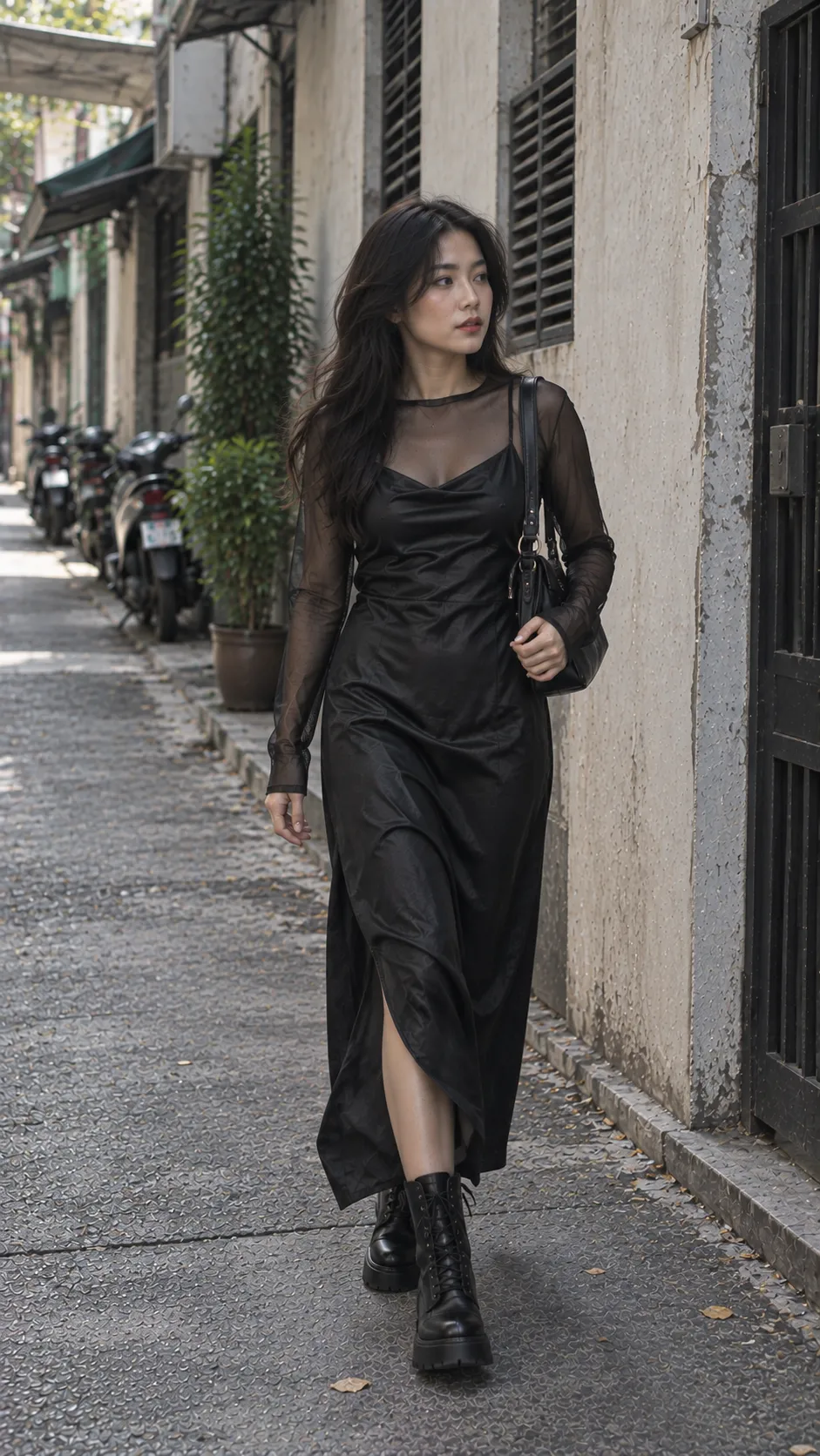 Slip dress đen phối áo mesh dài tay và combat boots theo phong cách grunge alt